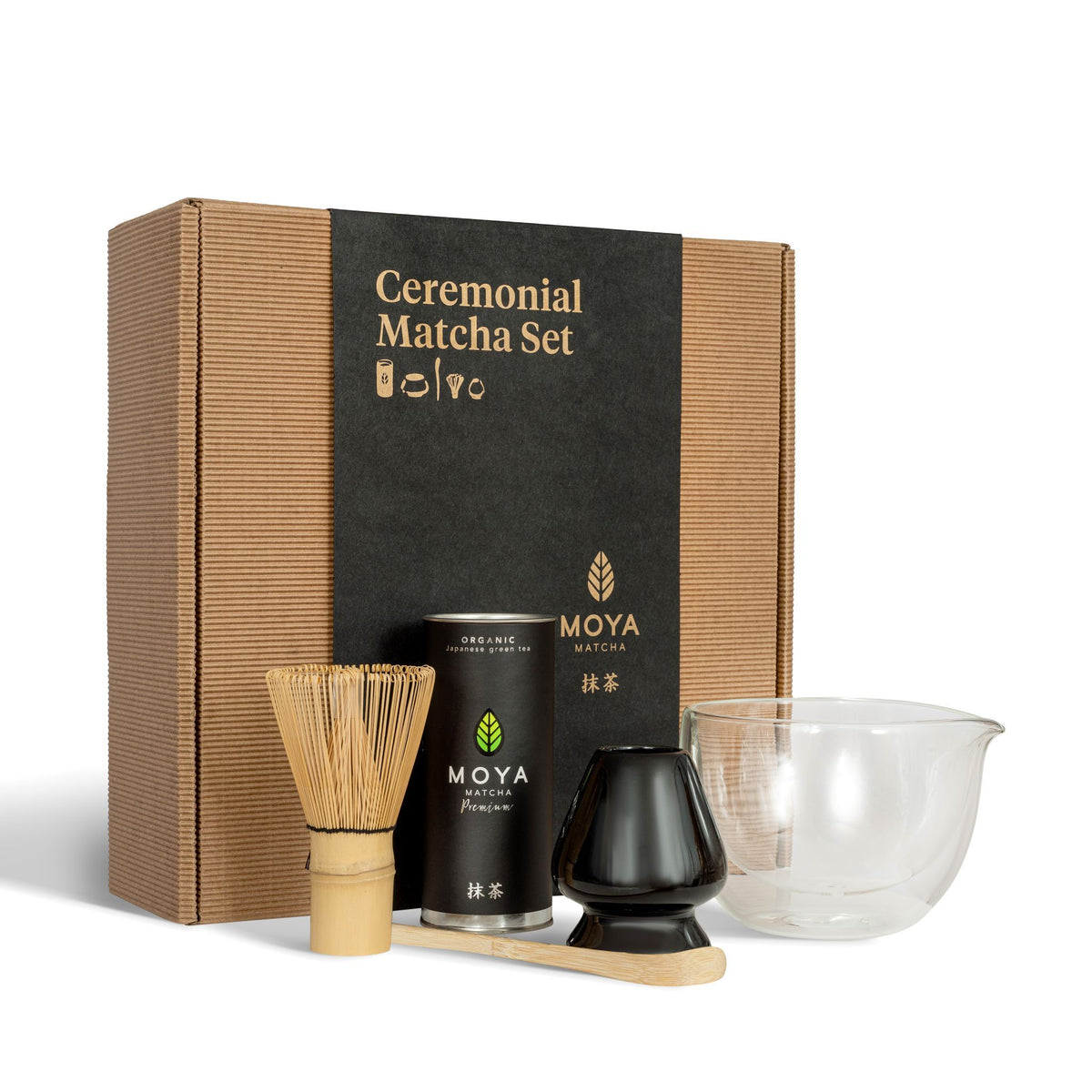 Moya Matcha Ceremonial Set Glass matcha bowl with a spout