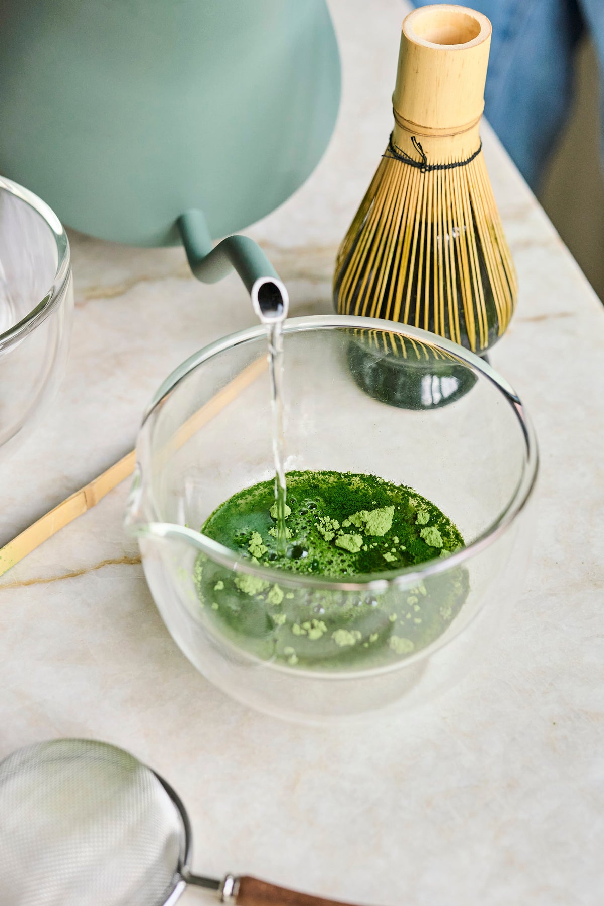 Moya Matcha Ceremonial Set Glass matcha bowl with a spout