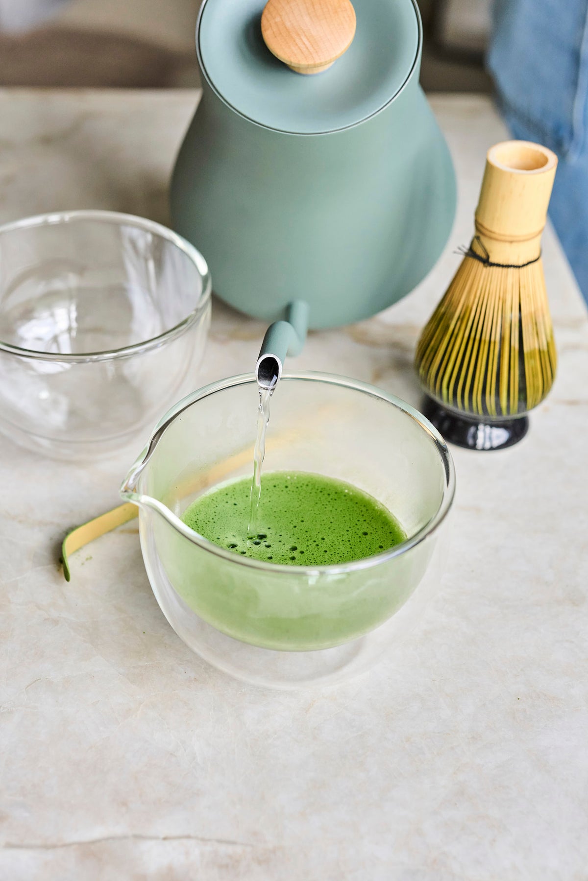 Moya Matcha Ceremonial Set Glass matcha bowl with a spout