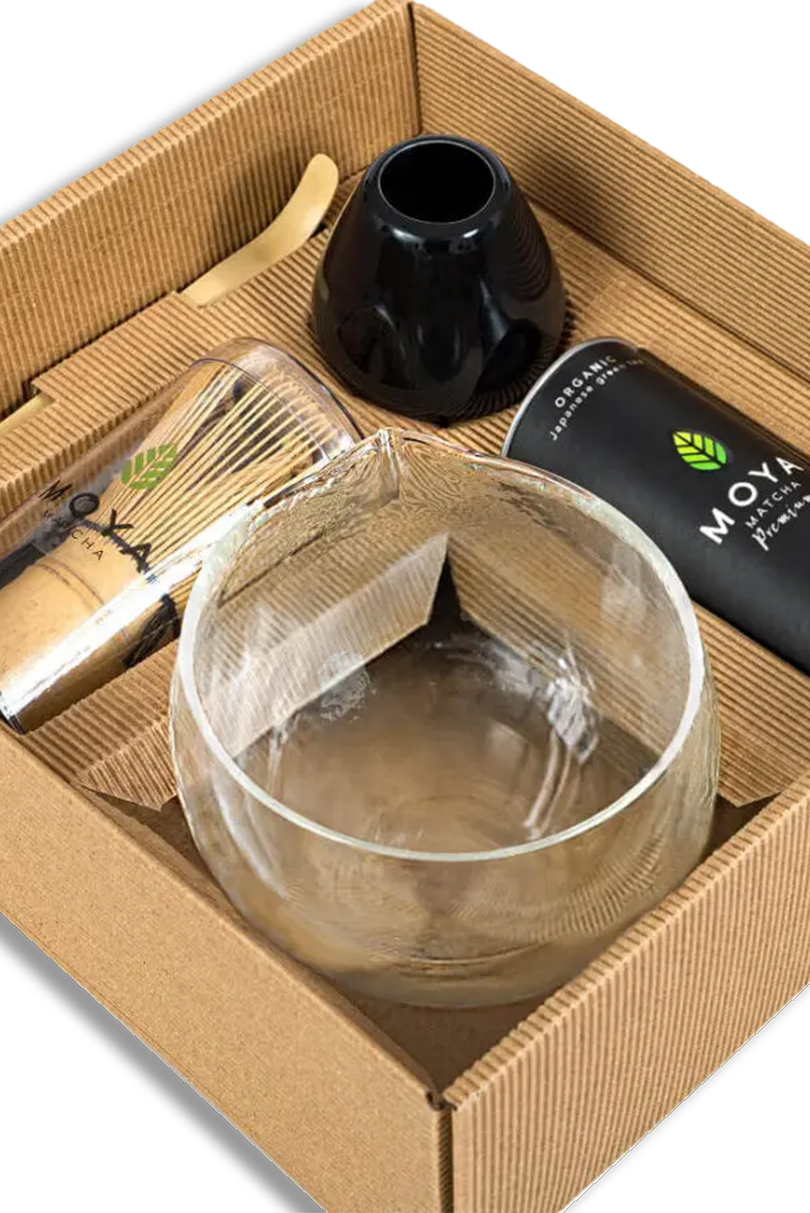 Moya Matcha Ceremonial Set Glass matcha bowl with a spout