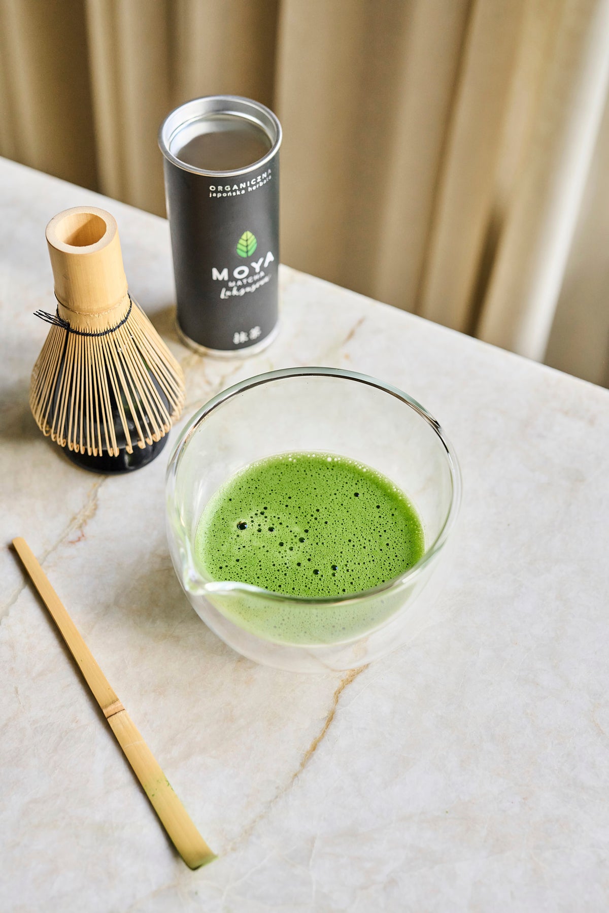 Glass matcha bowl with a spout
