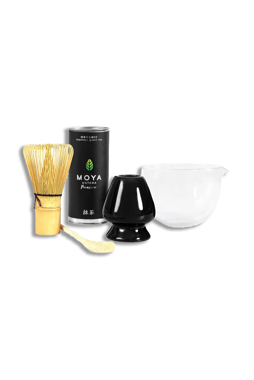 Moya Matcha Ceremonial Set Glass matcha bowl with a spout