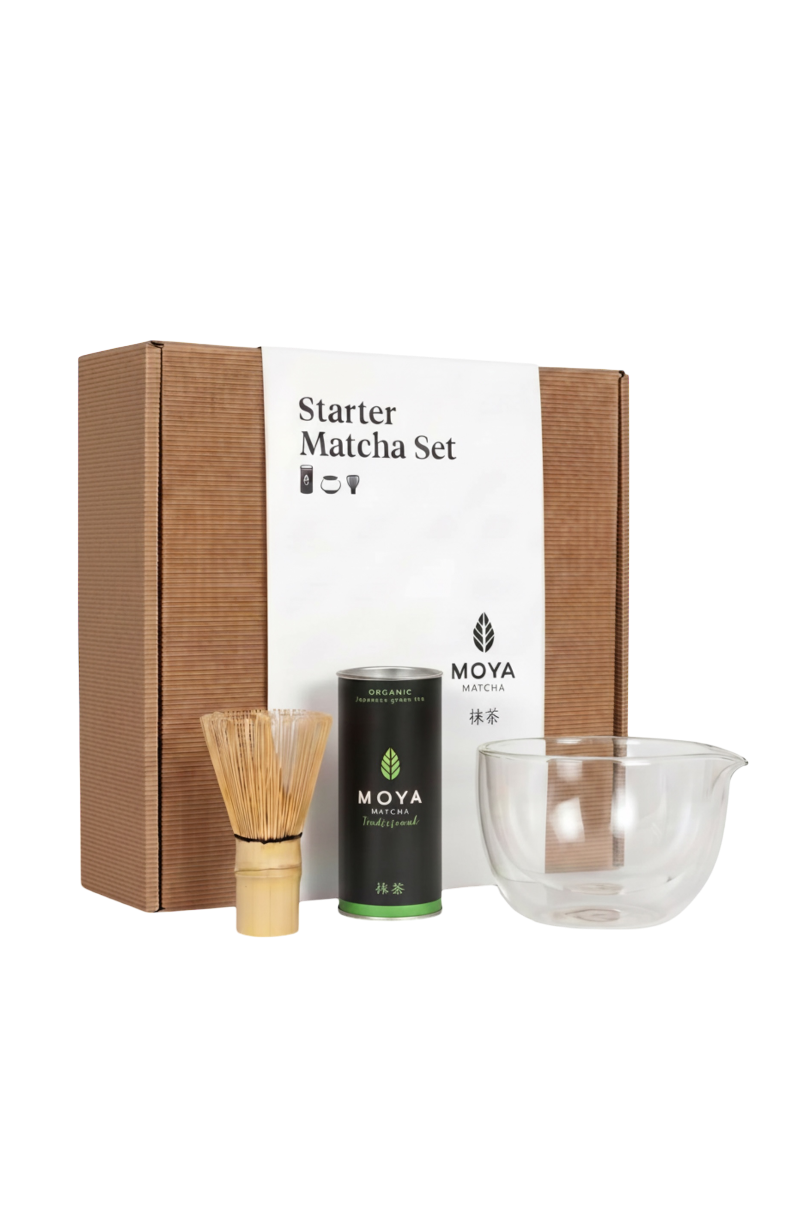 Moya Matcha Starter set glass matcha bowl with a spout