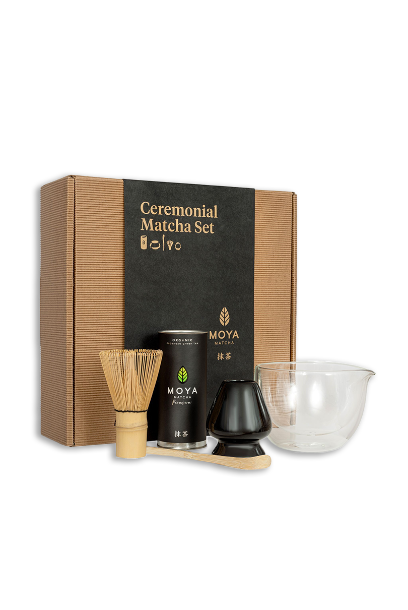 Moya Matcha Ceremonial Set Glass matcha bowl with a spout